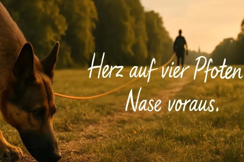 Personalisiertes Geschenk für Hundefreunde: Hund beim Mantrailing im Park, Leine gespannt, Mensch in der Ferne. Text im Bild: „Herz auf vier Pfoten. Nase voraus."