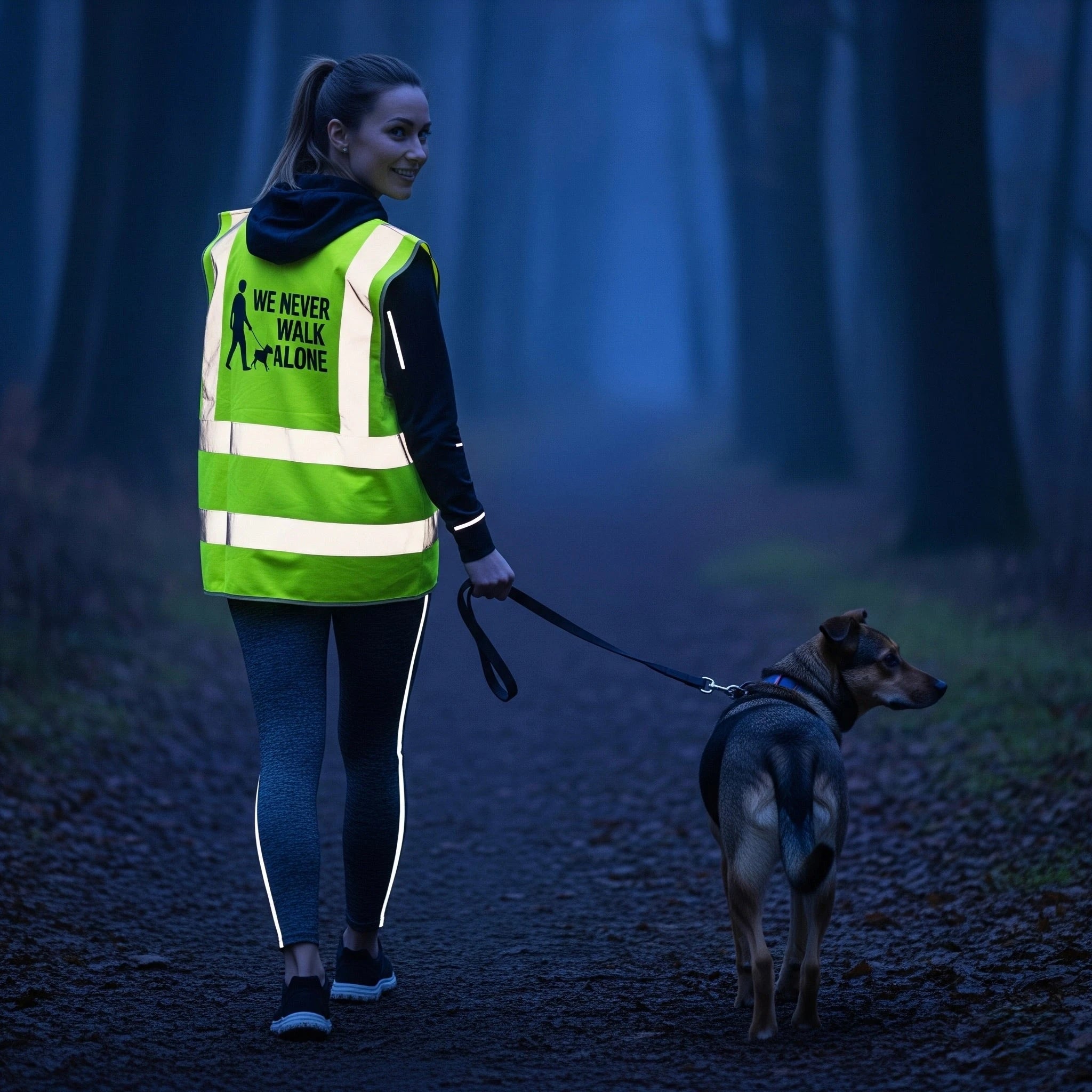 Frau mit Hund und leuchtender Warnweste im Wald