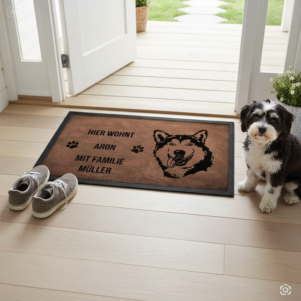 Appenzeller Sennnenhund mit personaliserter Fußmatte