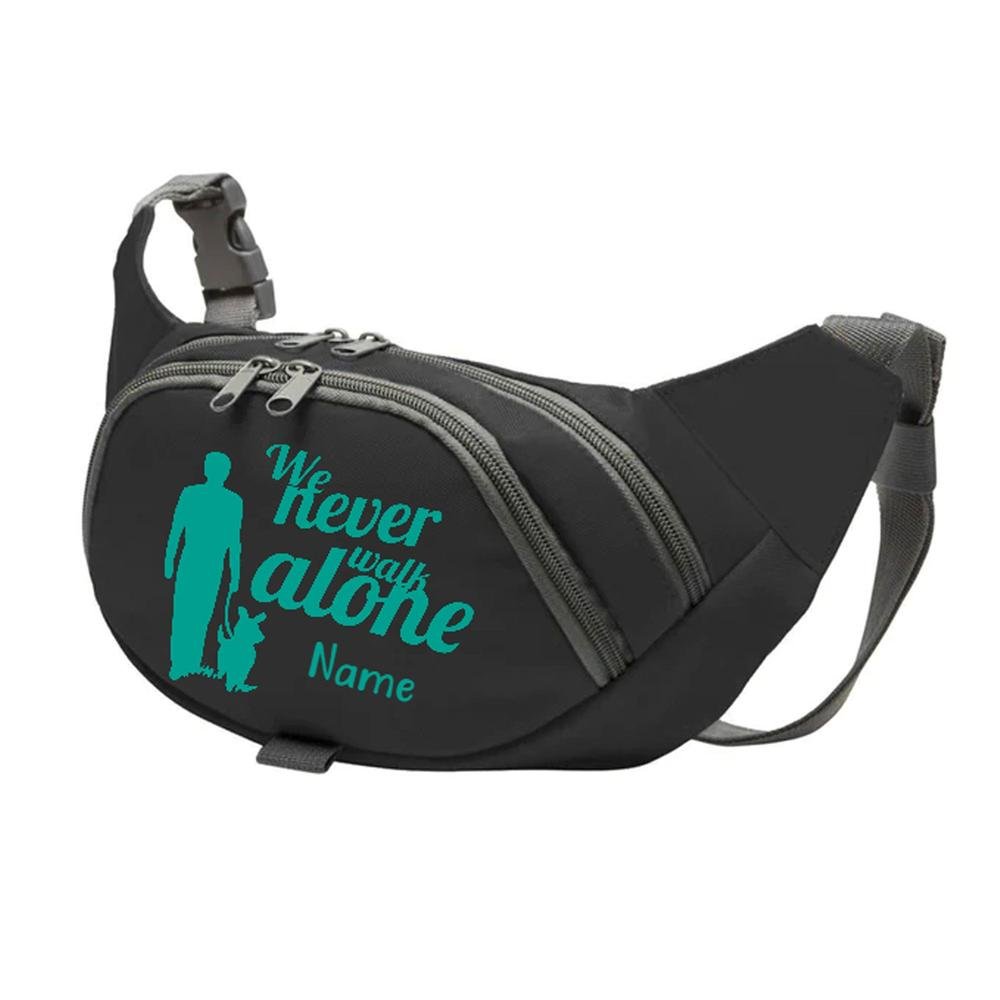 Schwarze Bauchtasche mit Aufdruck We never walk alone.