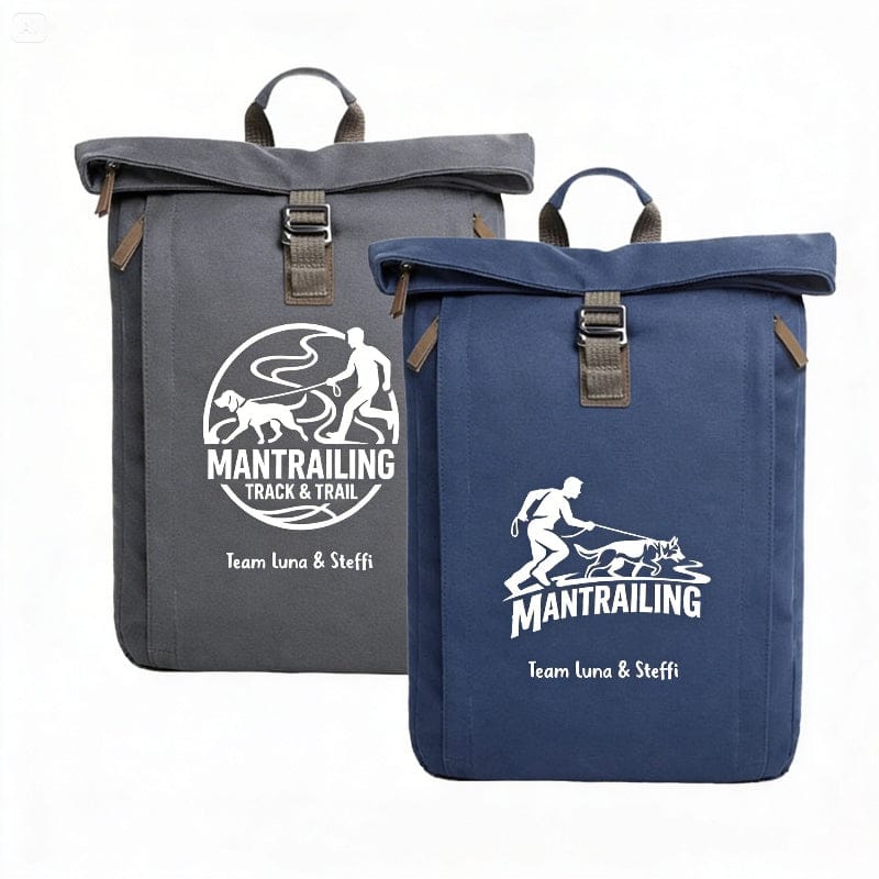 Rolltop Canvas Rucksäcke Damen personalisiert mit Hundemotiv – in Marine und Anthrazit für Hundebesitzer