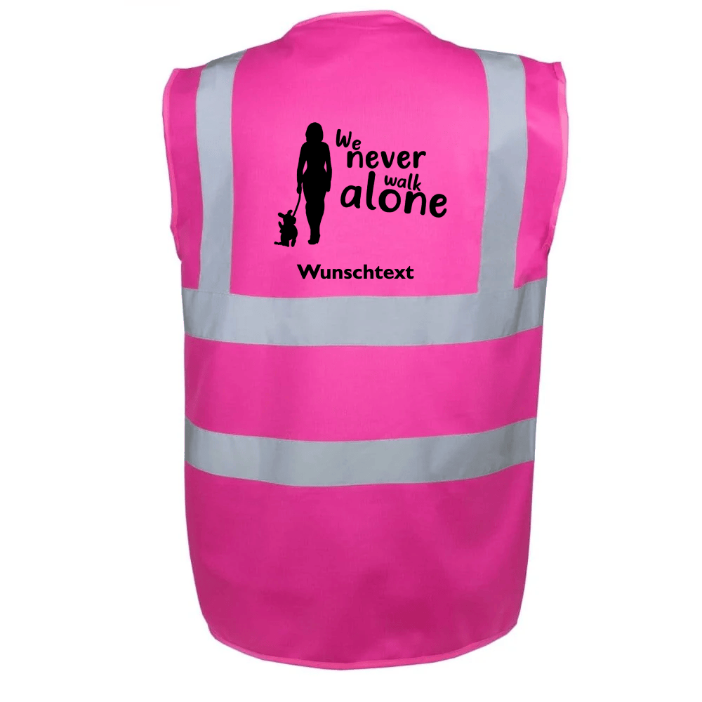 Pinke Classic Warnweste mit Never-walk-alone-Motiv und Wunschtext auf dem Rücken