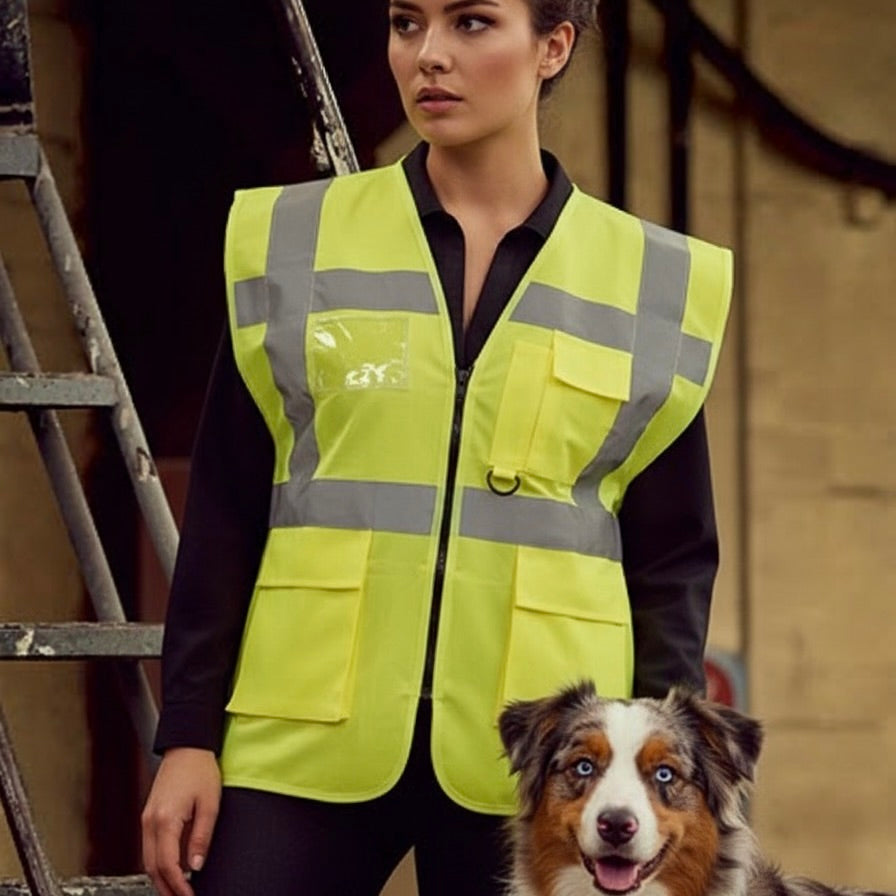 Frau träft modische Warnweste mit Reißverschluß und Tasche.