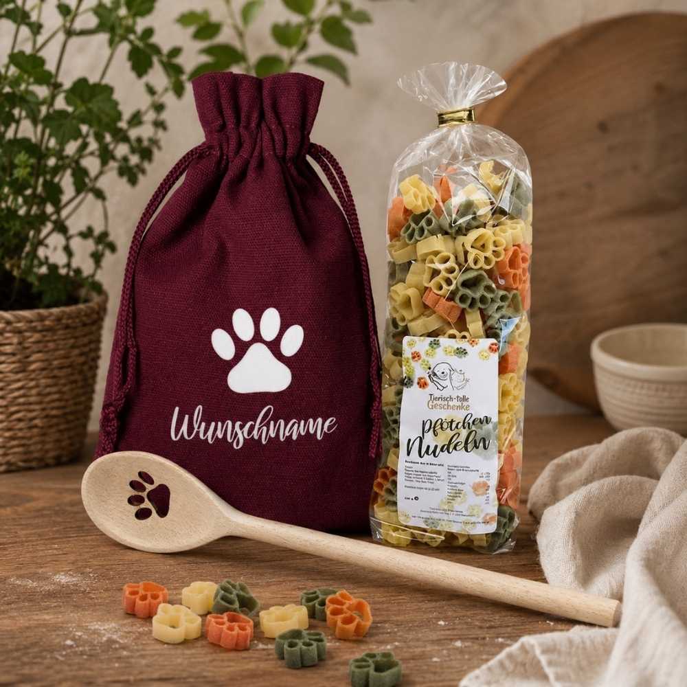 Geschenk für Hundebesitzer – Pfotennudeln-Set mit Kochlöffel &amp; Stoffbeutel