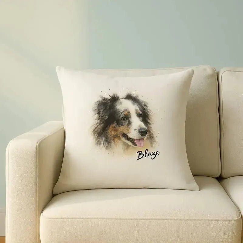 Hundekissen und Kissenbezug personalisiert mit Hunderasse, Aquarell-Motiv und Foto – Geschenk für Tierliebhaber