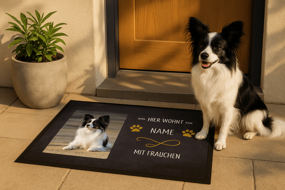 Hund sitzt vor Foto-Fußmatte