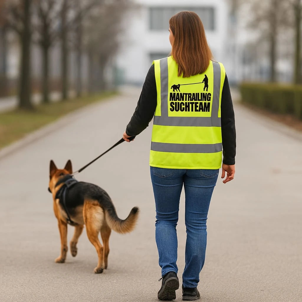 Frau läuft mit Hundesportweste und Schäferhund auf Strasse