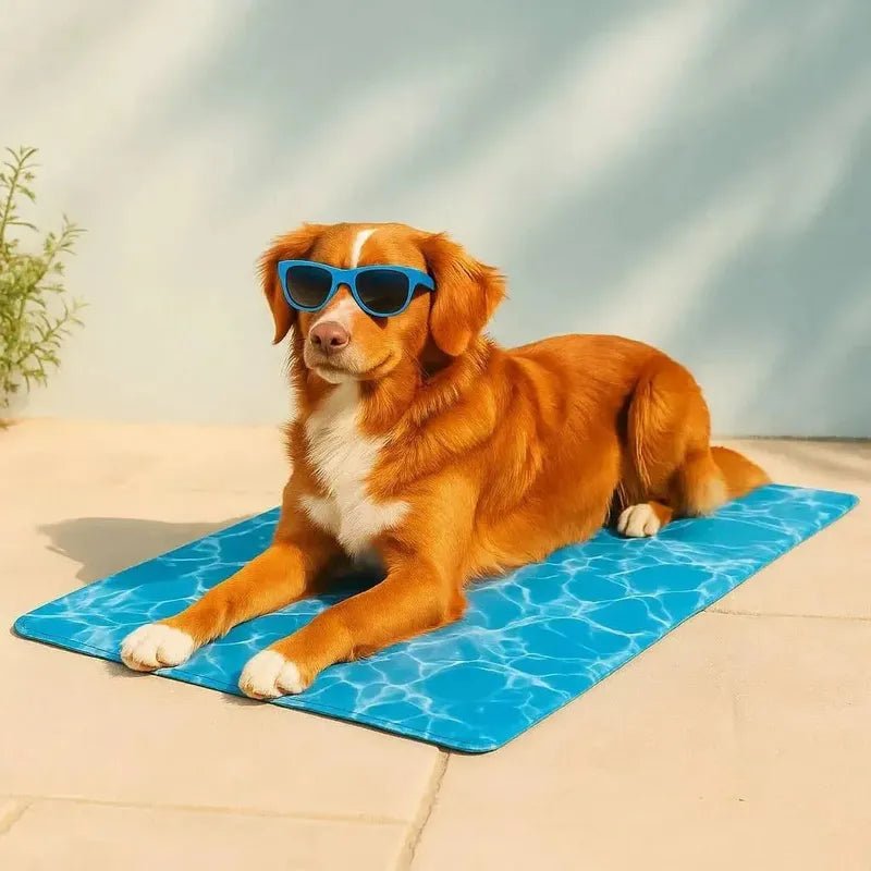 Ein Hund mit Sonnenbrille liegt auf einer Kühlmatte