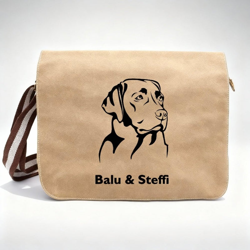 Personalisierte Canvas Messenger Tasche mit Hunderasse und Wunschname für Hundebesitzer
