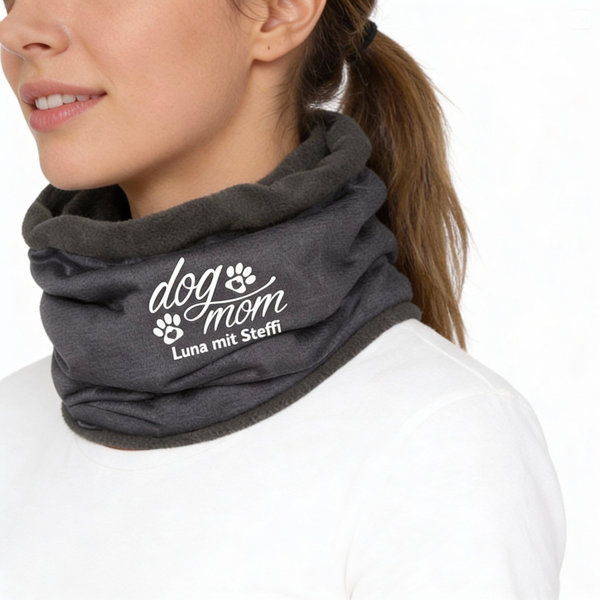 Fleece Loop Schal Dog Mom in grau personalisierbar