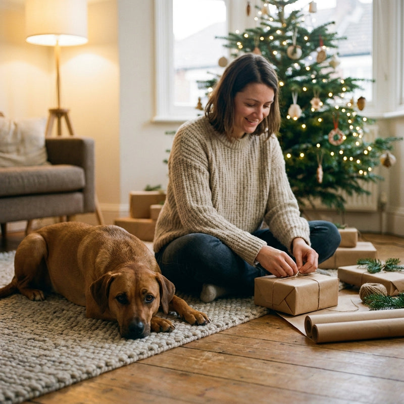 Frau mit Hund vor dem Weihnachtsbaum beim Geschenke einpacken