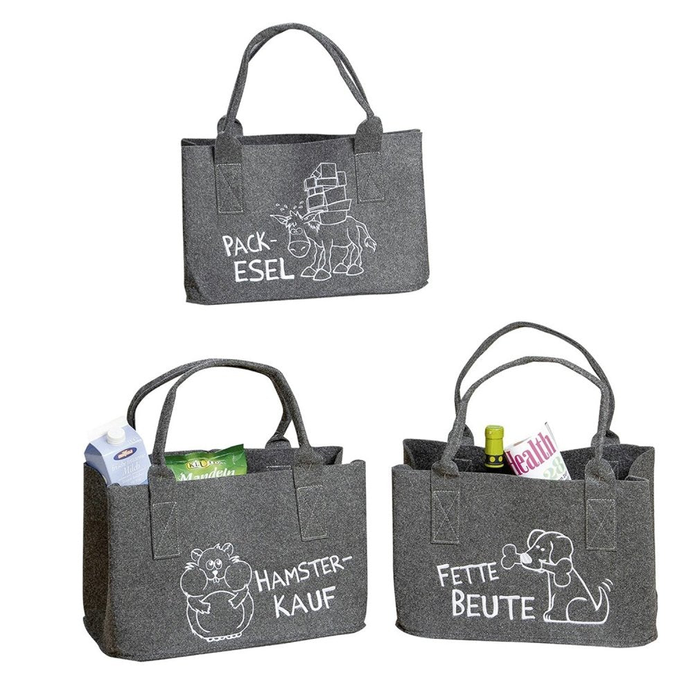 Dunkelgraue Filz Tasche Shopping Bag, 40x26x26 cm, bestickt mit Tiermotiv