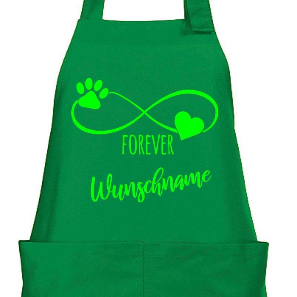 Grüne Grillschürze mit Unendlich-Zeichen aus Pfote und Herz, „Forever“ und Wunschname