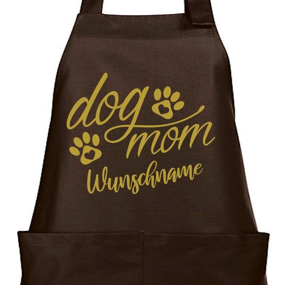 Braune Kochschürze mit goldenem „dog mom“-Schriftzug, Pfoten und Wunschname