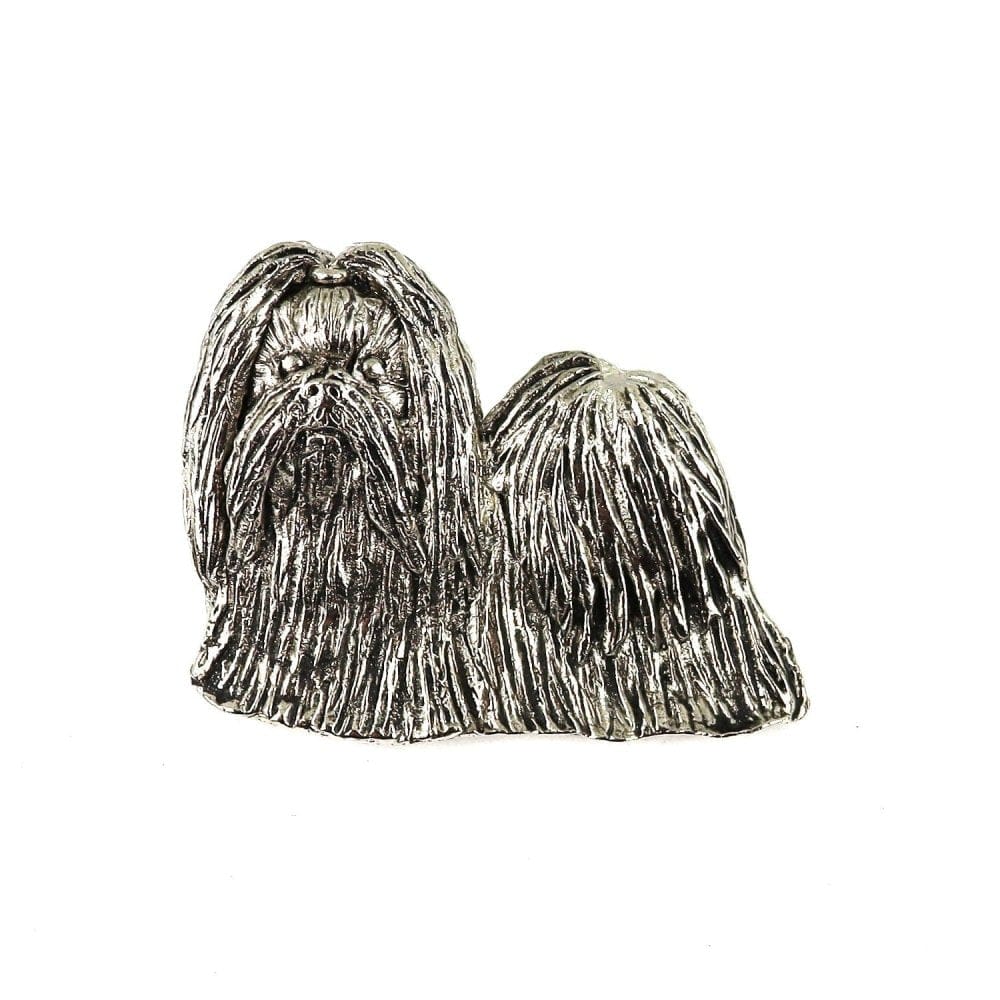 Versilberte Zinn-Brosche mit Shih Tzu