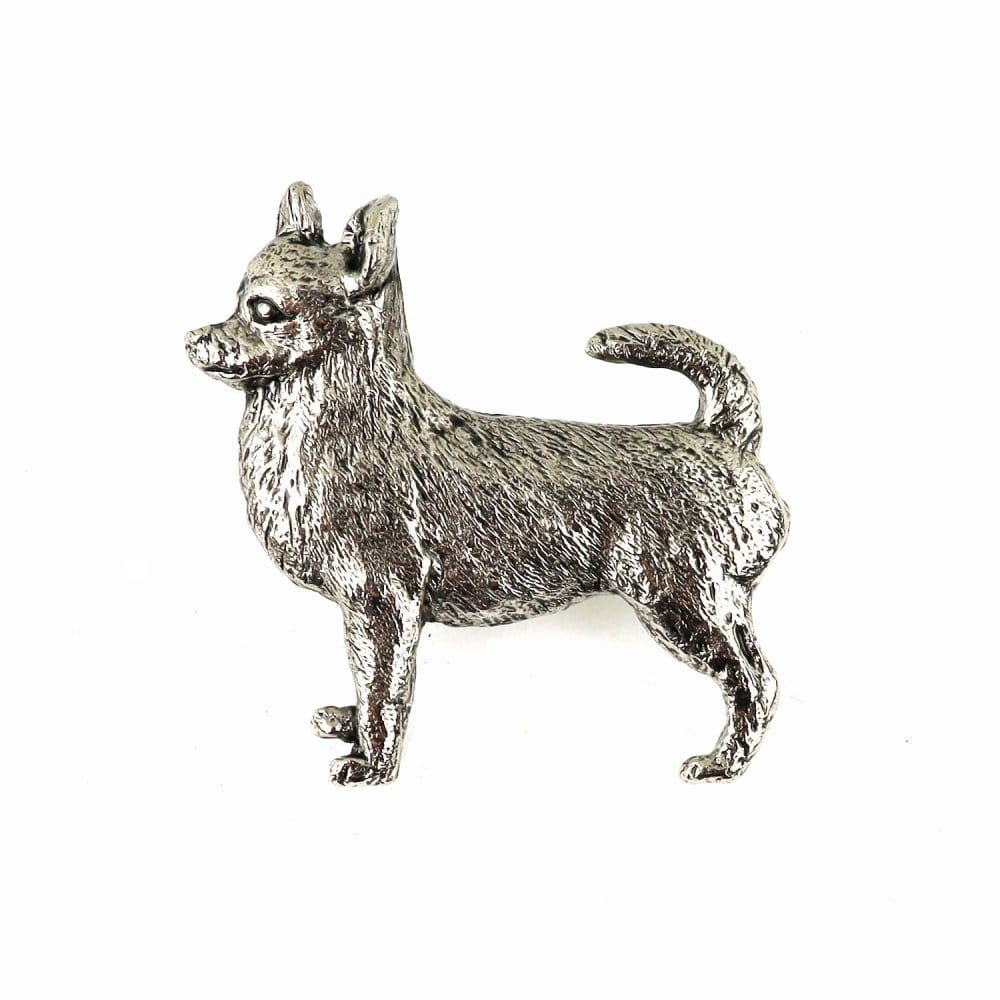 Versilberte Zinn-Brosche mit Chihuahua