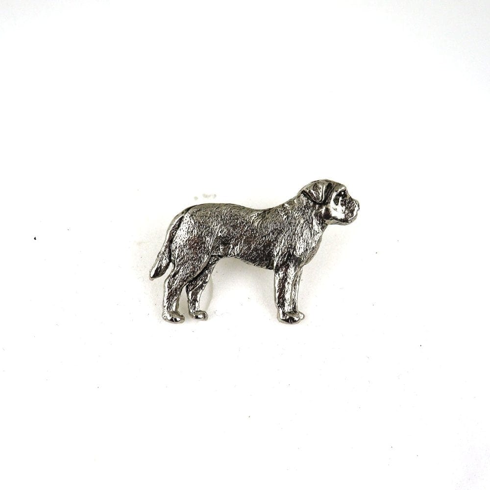 Versilberte Zinn-Brosche mit Bullmastiff