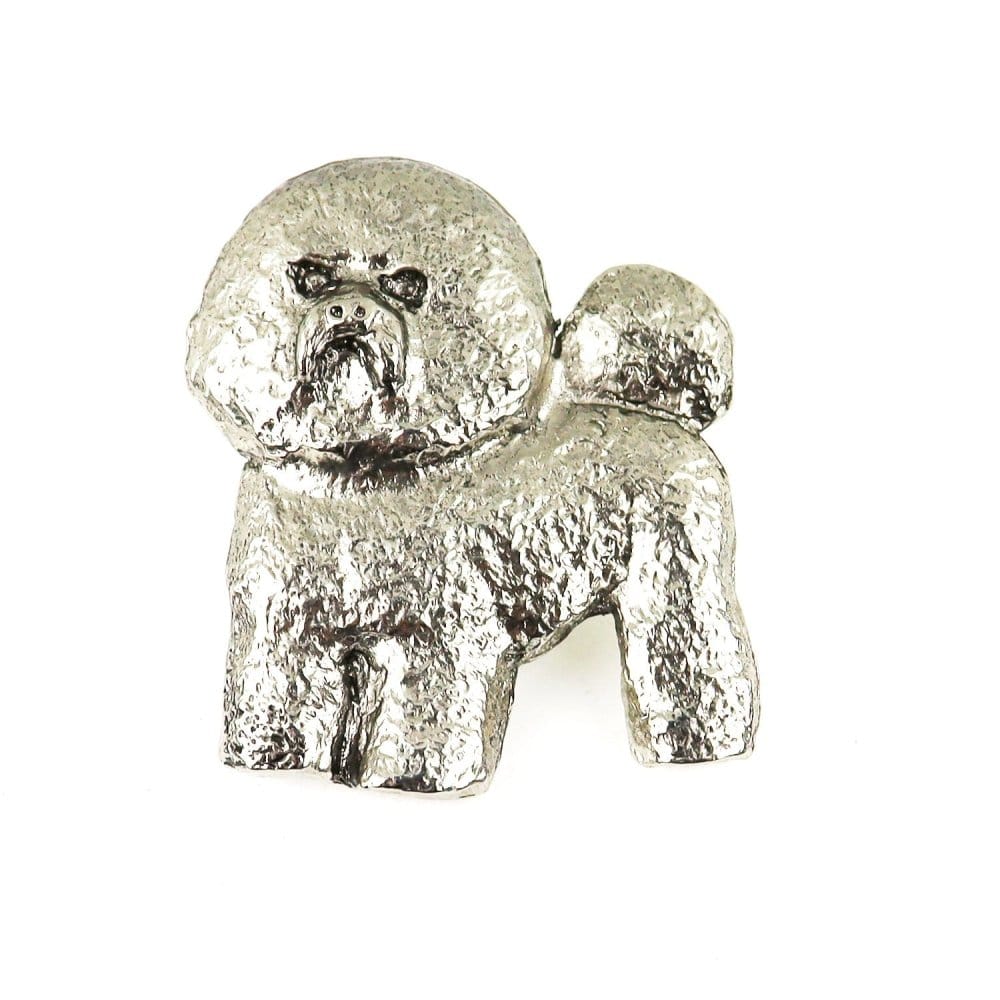 Versilberte Zinn-Brosche mit Bichon Frise
