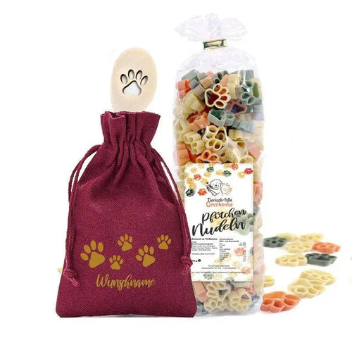 Geschenk-Set Pfötchen Kochlöffel & Nudeln -Wunschname- bordeaux-Tierisch tolle Geschenke