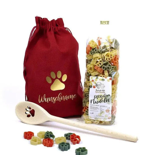 Geschenk für Hundebesitzer – Pfotennudeln-Set mit Kochlöffel & Stoffbeutel (Bordeaux)