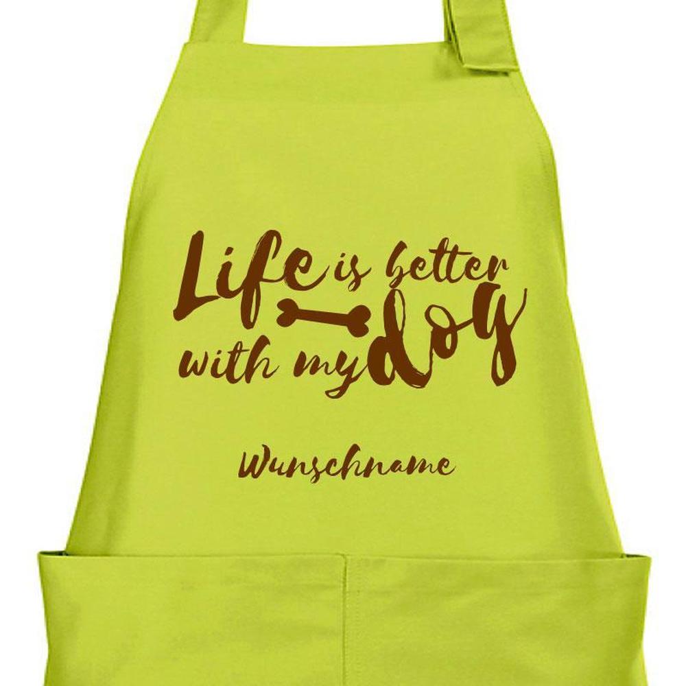 Apfelgrüne Grillschürze mit Spruch „Life is better with my dog“ und Wunschname