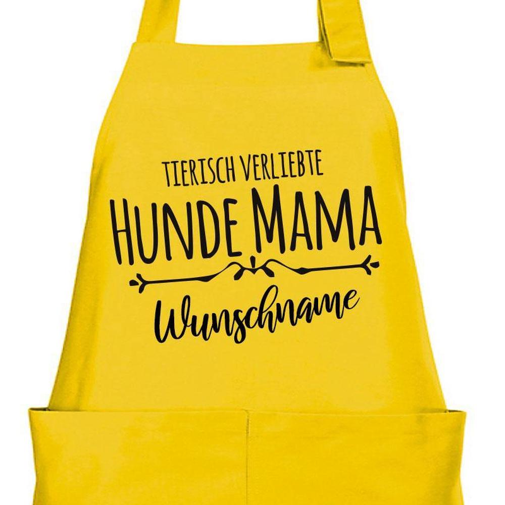 Gelbe Kochschürze mit „Tierisch verliebte Hunde Mama“ und Wunschname