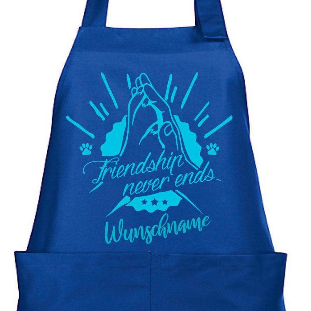Royalblaue Grillschürze mit Motiv „Friendship never ends“ und Wunschname