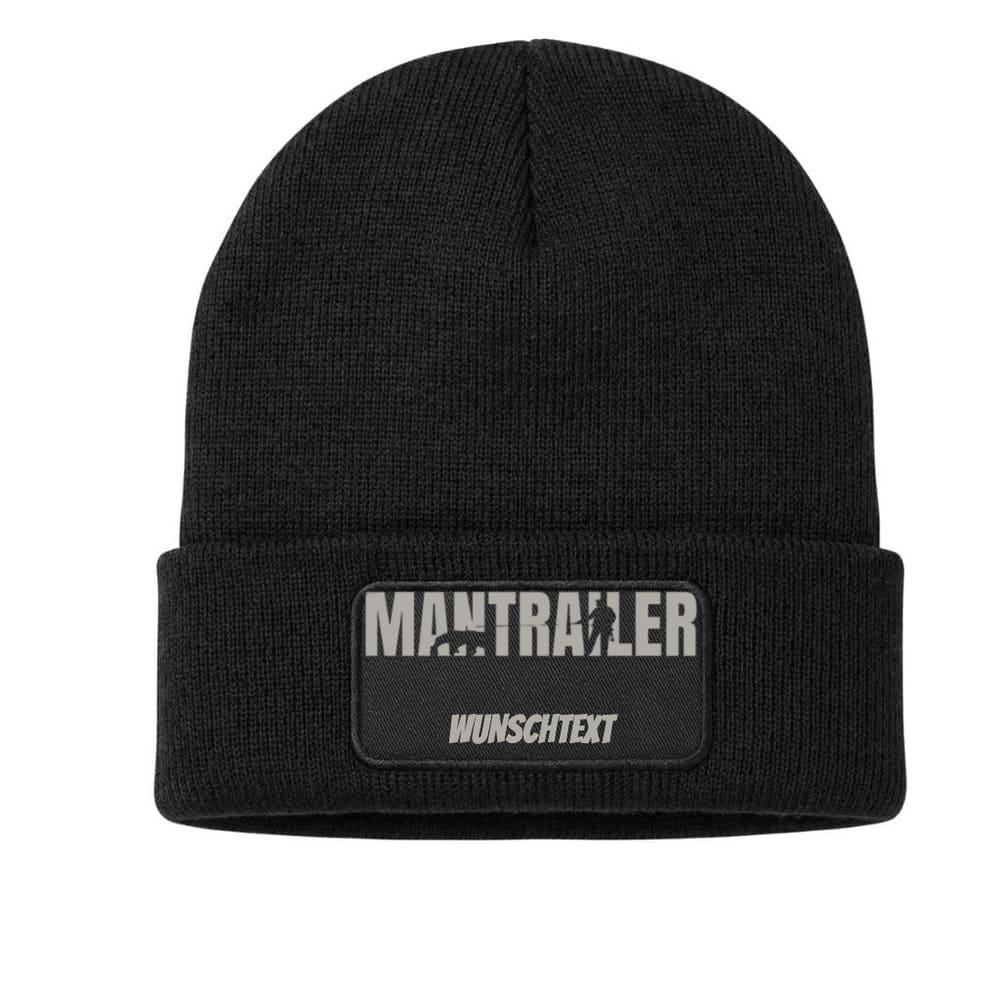 Beanie schwarz mit Mantrailer Motiv und individuellem Text