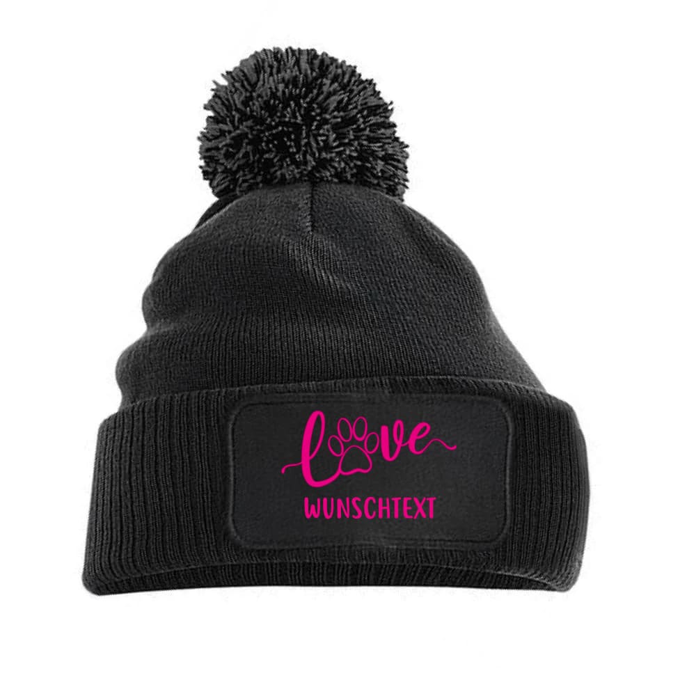 Bommelmütze mit love Motiv und individuellem Text