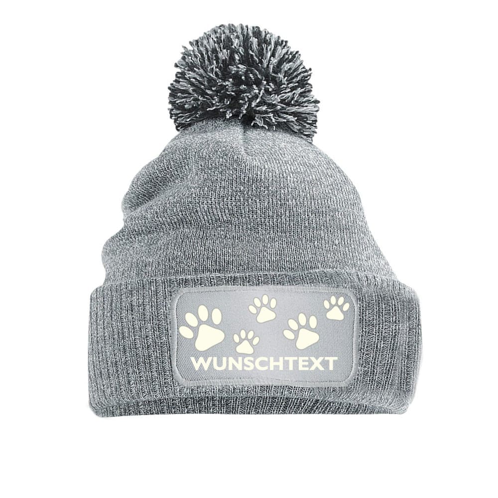 Bommelmütze personalisiert Pfoten grau