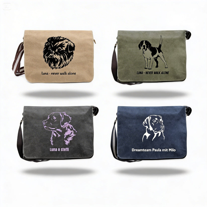Personalisierte Canvas Messenger Bag mit Hundemotiv und Name 4 Farbvarianten