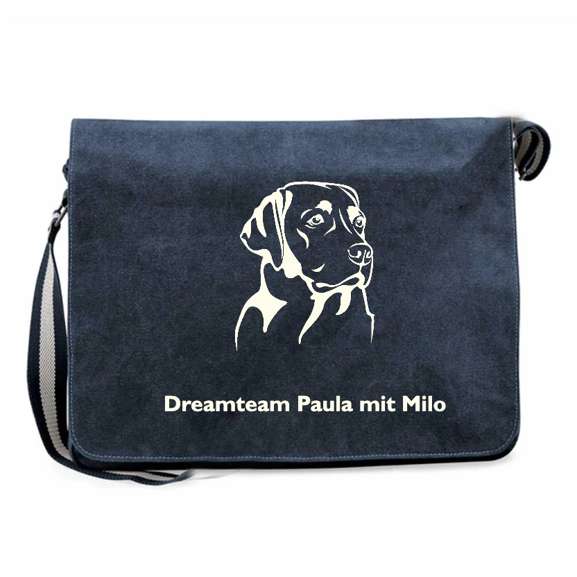 Personalisierte Canvas Messenger Bag mit Hundemotiv und Name navy