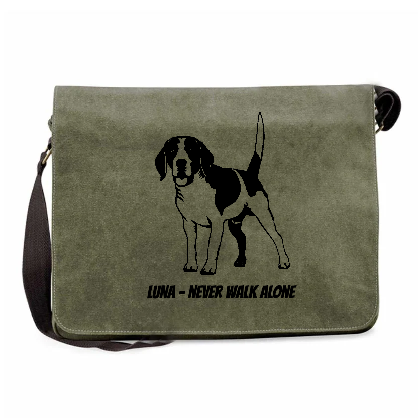 Personalisierte Canvas Messenger Bag mit Hundemotiv und Name oliv