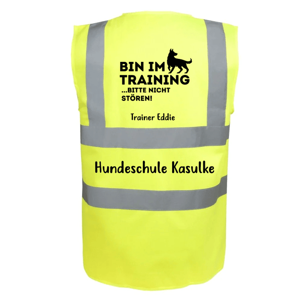 Neongelbe Warnweste für Hundetrainer mit Reflektoren und Wunschtext