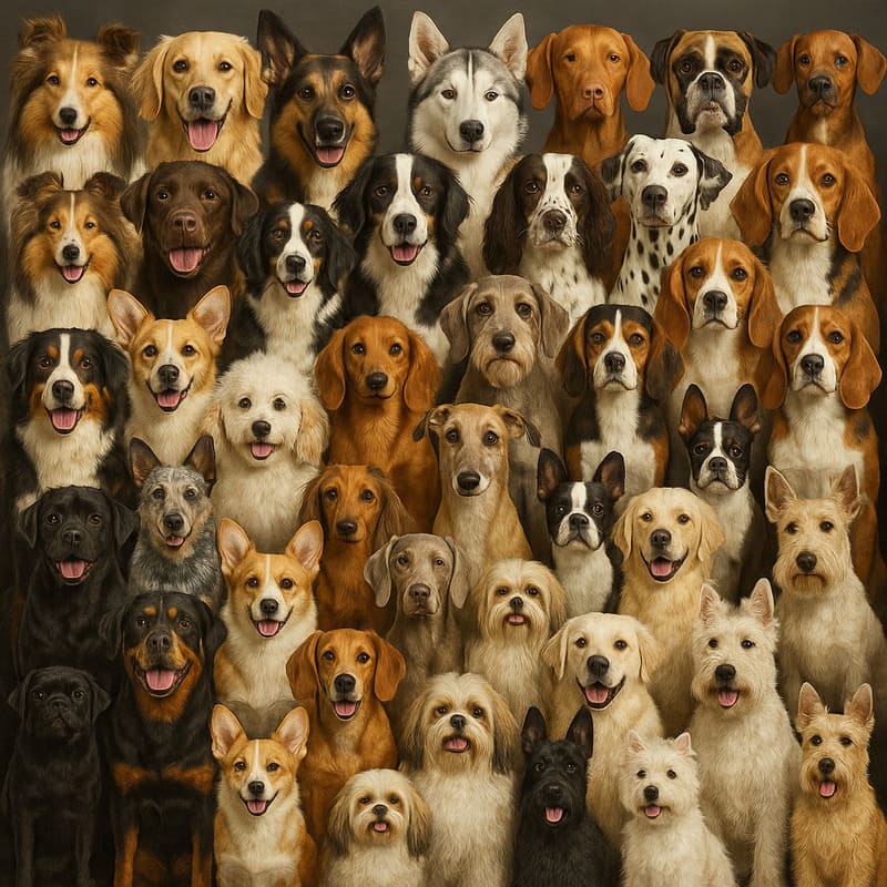Ein Bild von ganz vielen Hunderassen, die aufgereiht fürs Foto posieren