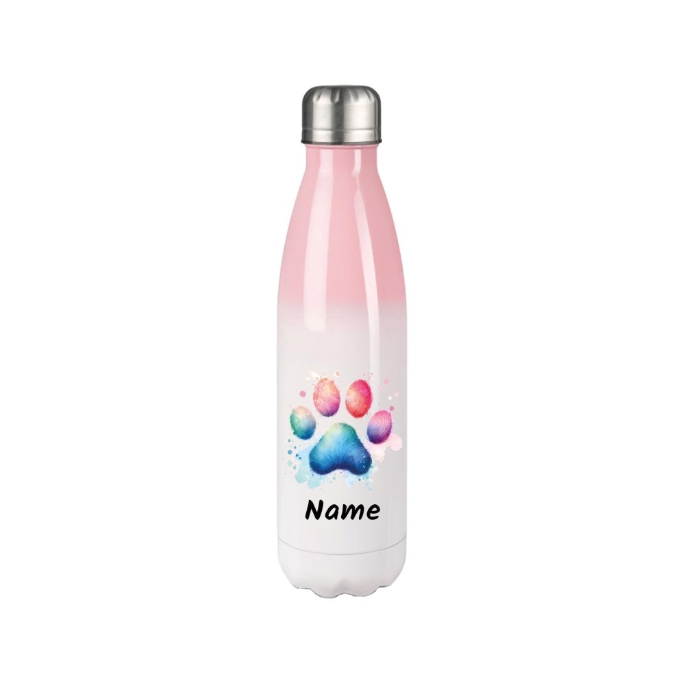 Kleine Thermosflasche Farbverlauf Rosa mit bunter Pfote und Wunschnamen