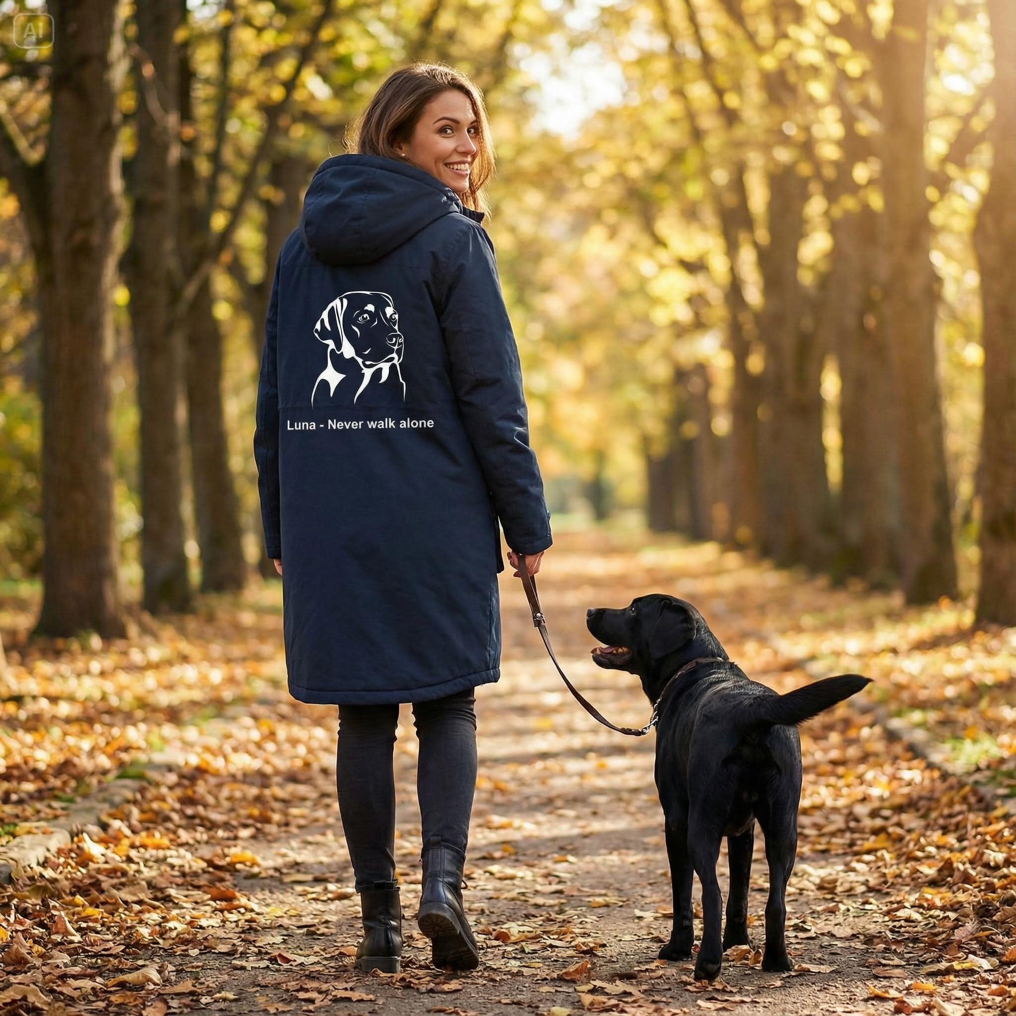 Frau mit personalisiertem Gassimantel und Hund beim spazieren im Wald
