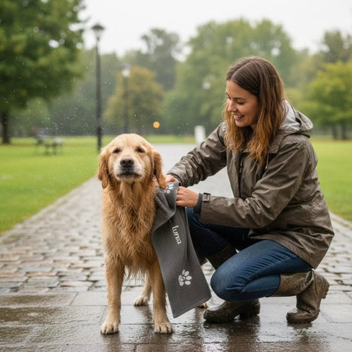 Hund wird abgertrocknet mit personalisierbaren Hundehandtuch