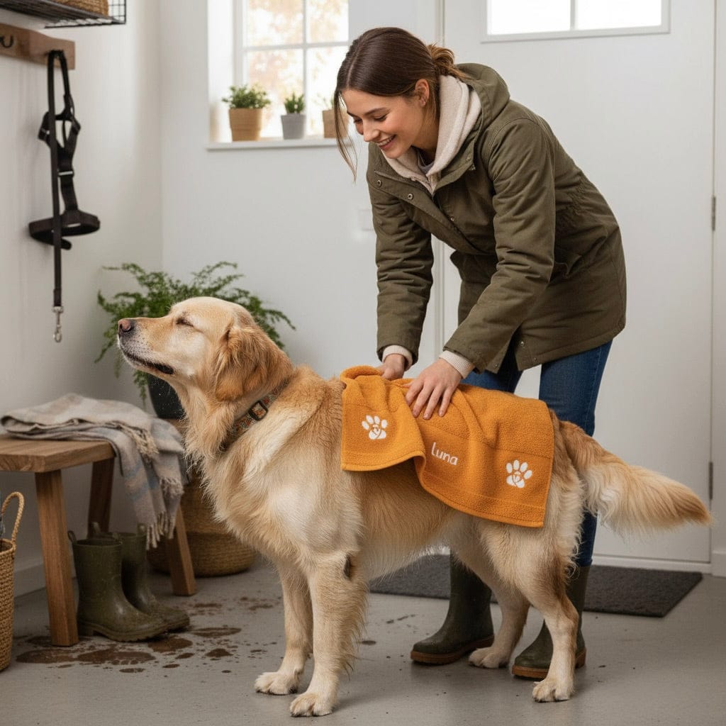 Frau trocknet Hund ab mit personalisiertem Hundehandtuch