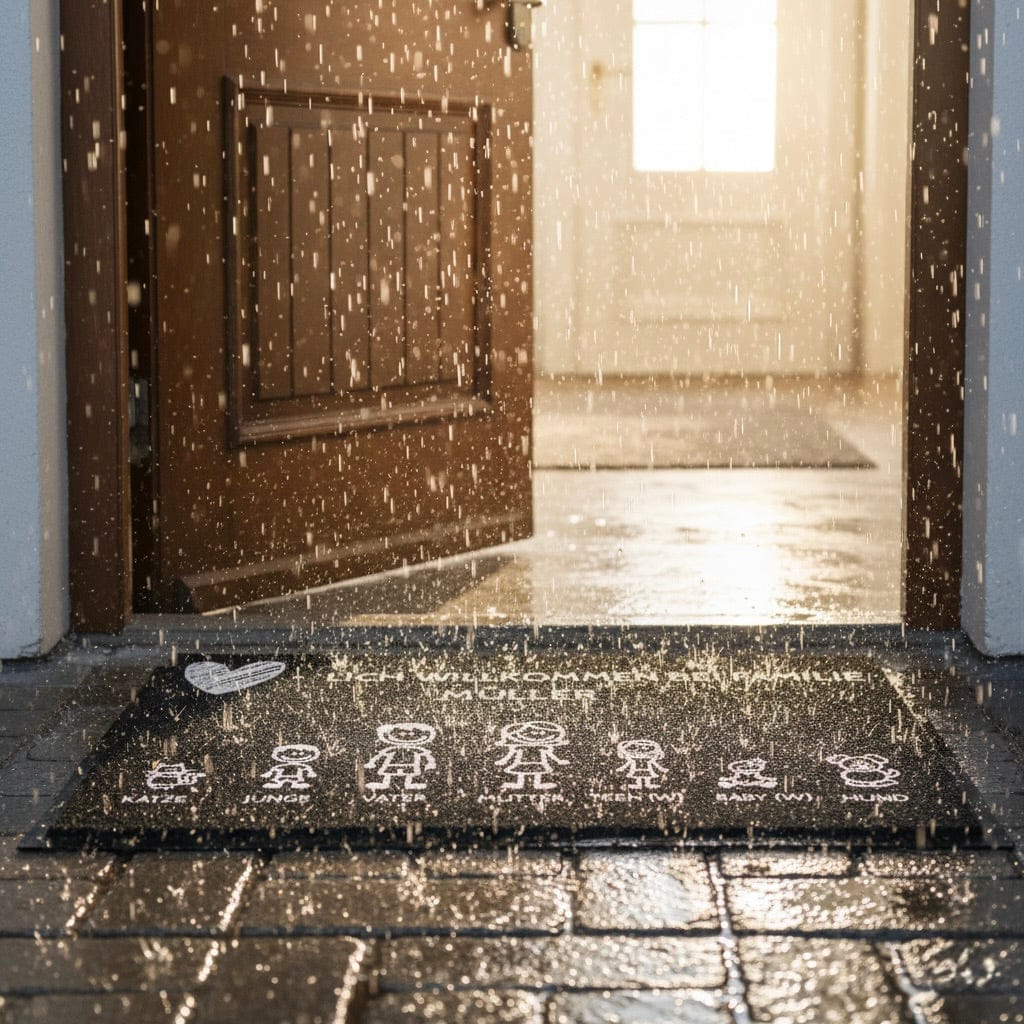 Fußmatte Herzlich Willkommen it Familienfiguren im Regen