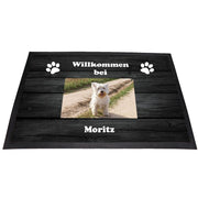 Foto-Fußmatte „Willkommen bei“ mit dem Foto eines Hundes und Wunschname