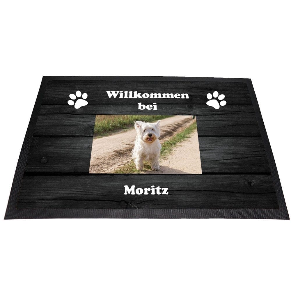 Foto-Fußmatte „Willkommen bei“ mit dem Foto eines Hundes und Wunschname