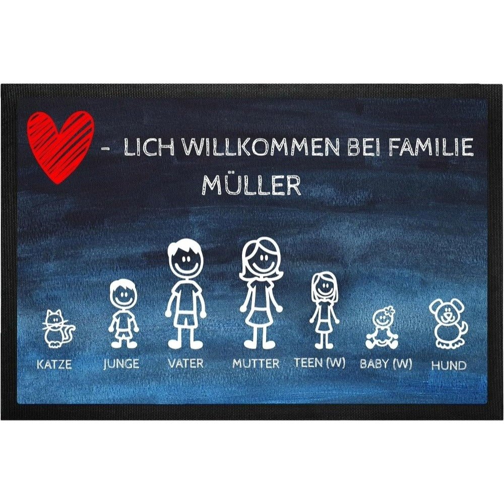 Familien-Fußmatte Herzlich Willkommen in blau