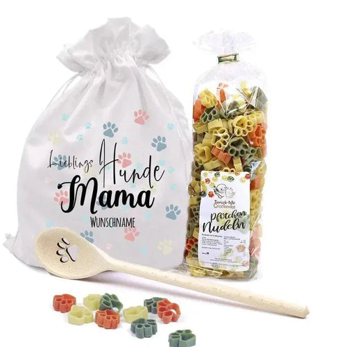 Geschenk für Hundemamas – Pfotennudeln-Set mit Kochlöffel & Stoffbeutel (Hundemama)