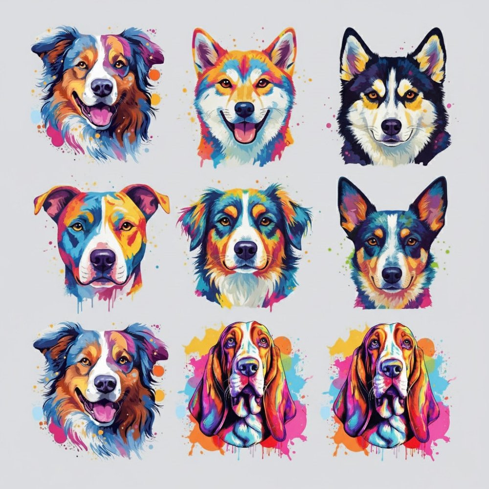 Auswahl an Hunderassenmotiven in Aquarell Optik