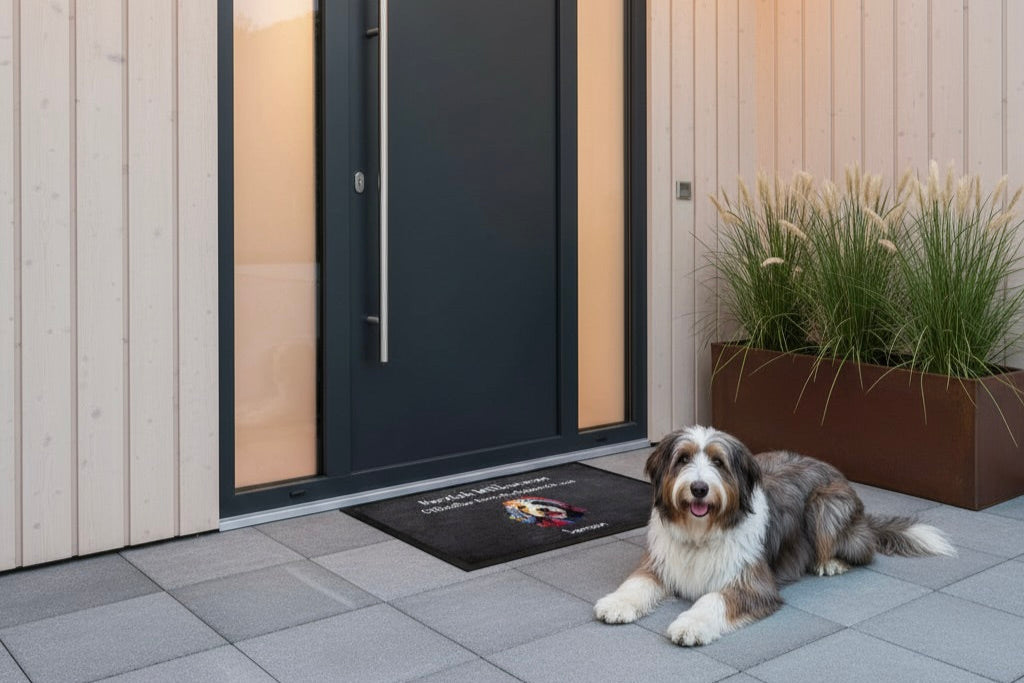 Hund liegt vor personalisierter Fußmatte