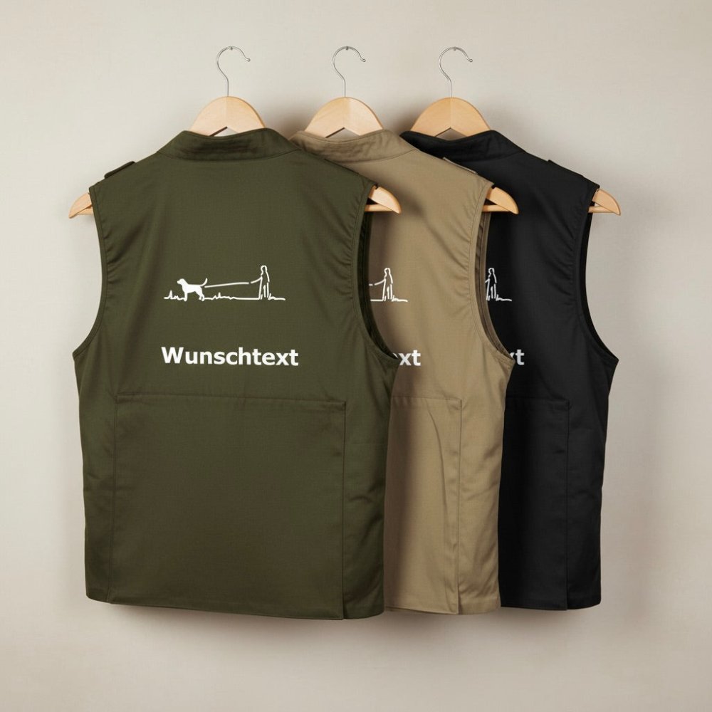 Personalisierte Hundesportweste mit Gassigeher-Motiv und Wunschnamen in den Farben khaki, oliv und schwarz