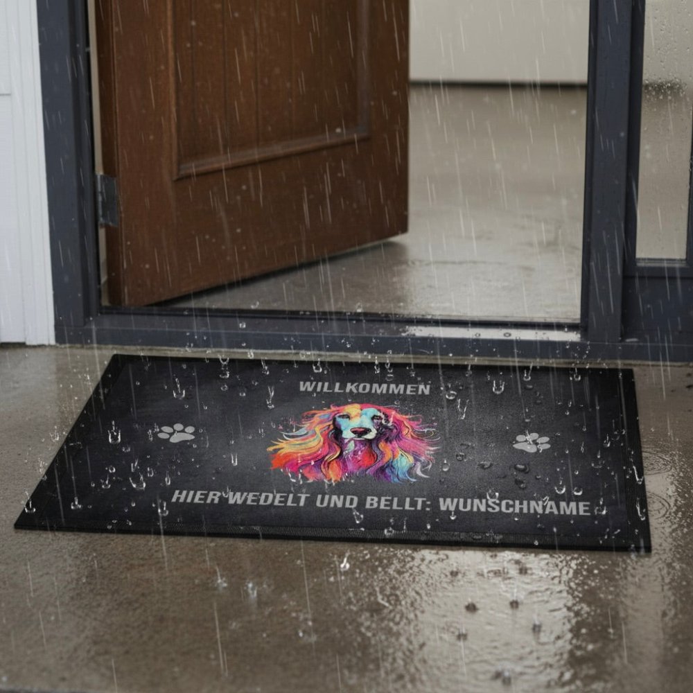 PERSONALISIERTE FUßMATTE im Regen MIT TEXT: Willkommen, hier wedelt und bellt WUNSCHNAME