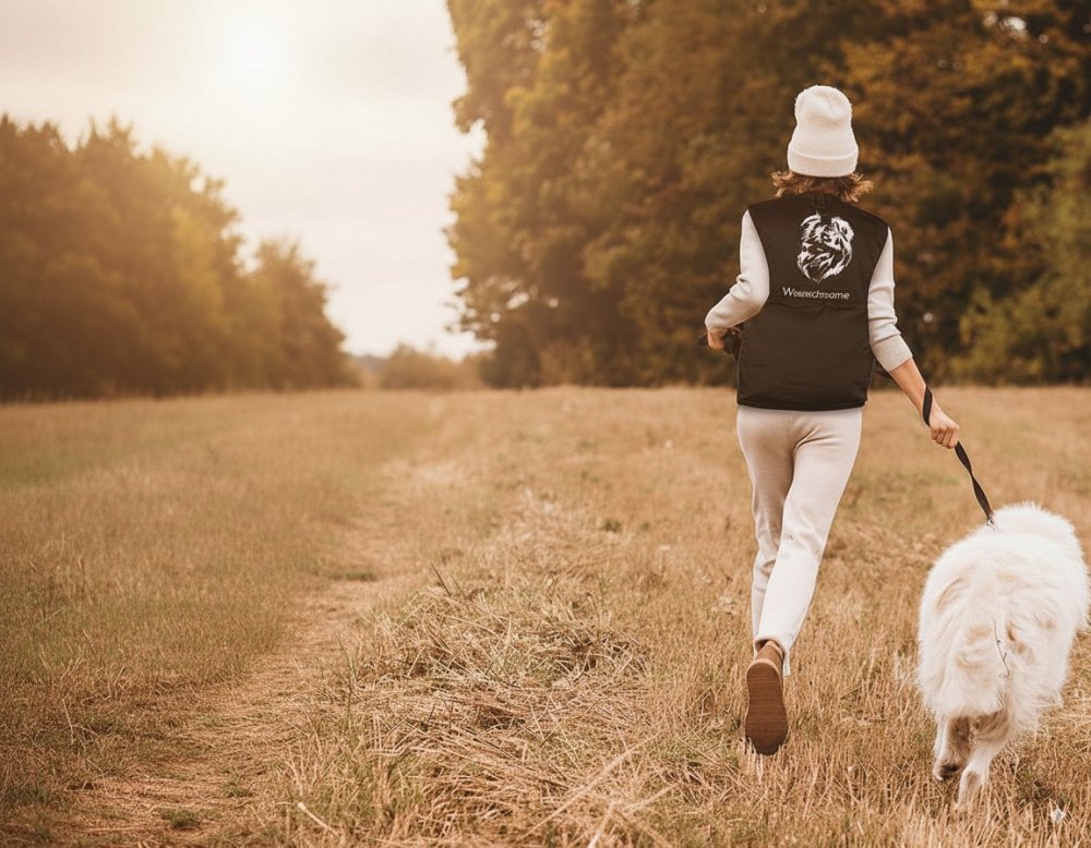Frau läuft mit Hund und Hundesportweste
