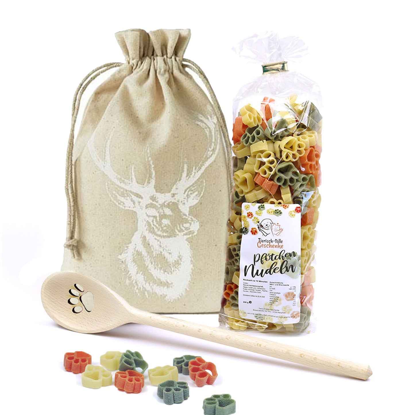 Geschenk-Set Pfötchen Kochlöffel & Pfötchen Nudeln - Hirsch natur